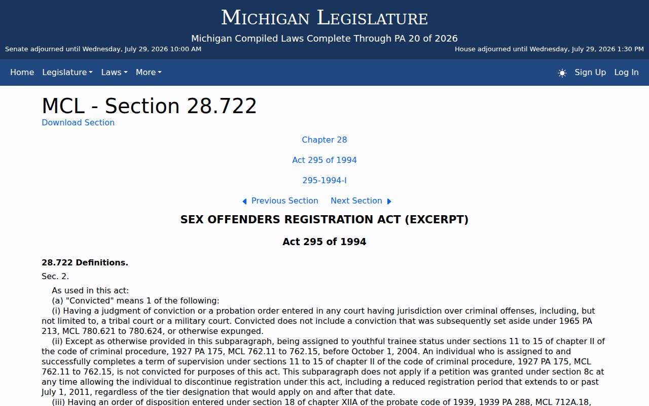 Michigan tier definitions for Iron County sex offender registry records