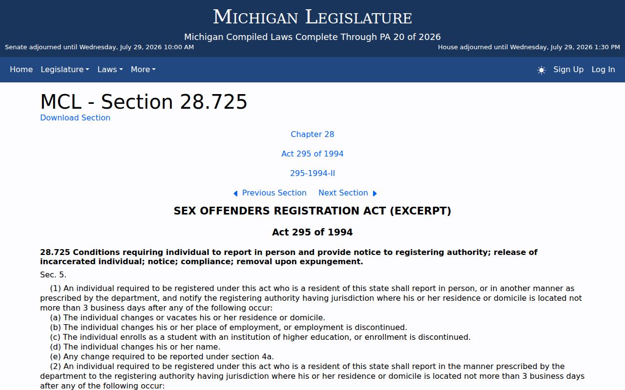 Michigan reporting duties for Iron County sex offender registry listings