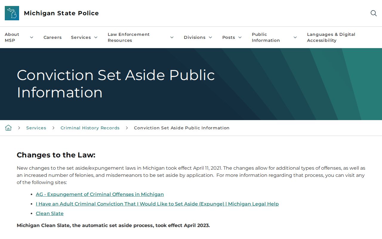 Michigan State Police conviction set-aside instructions