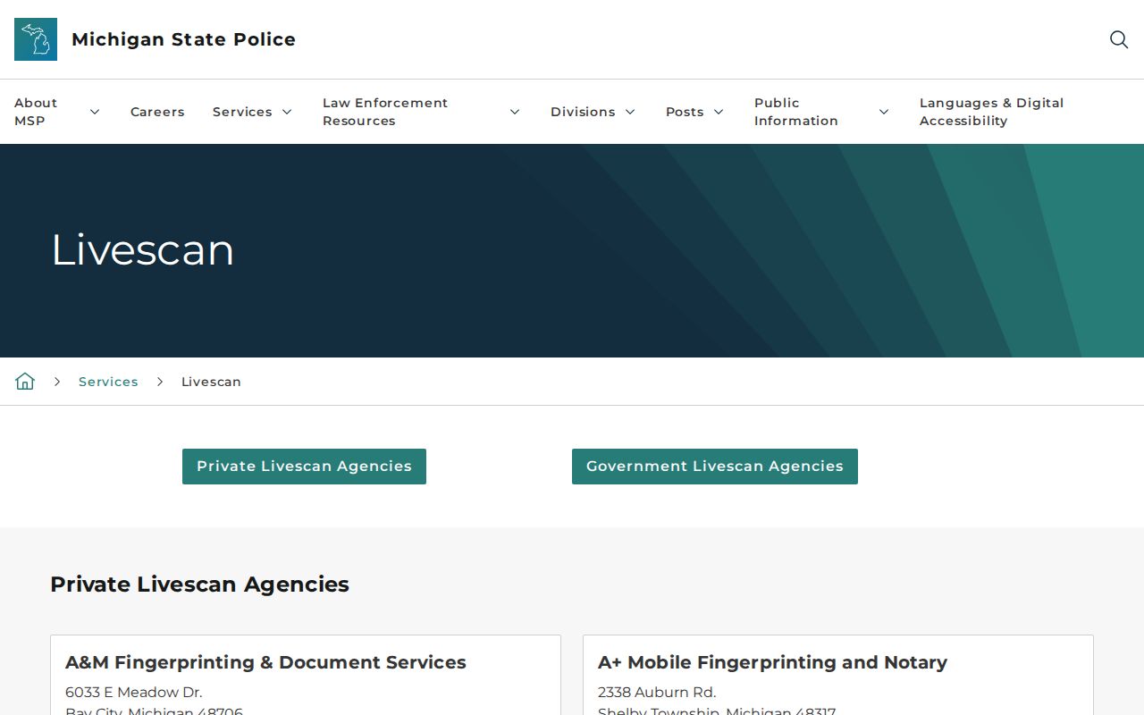 Michigan Live Scan vendor listing for Iron County Sheriff
